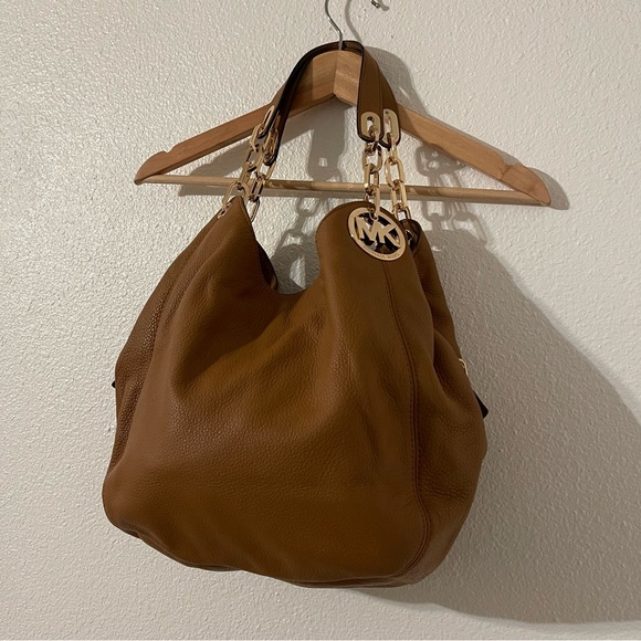 Michael Kors Handbags - MICHAEL KORS Fulton Brown Leather Chain Large Three Compartments Shoulder Bag
